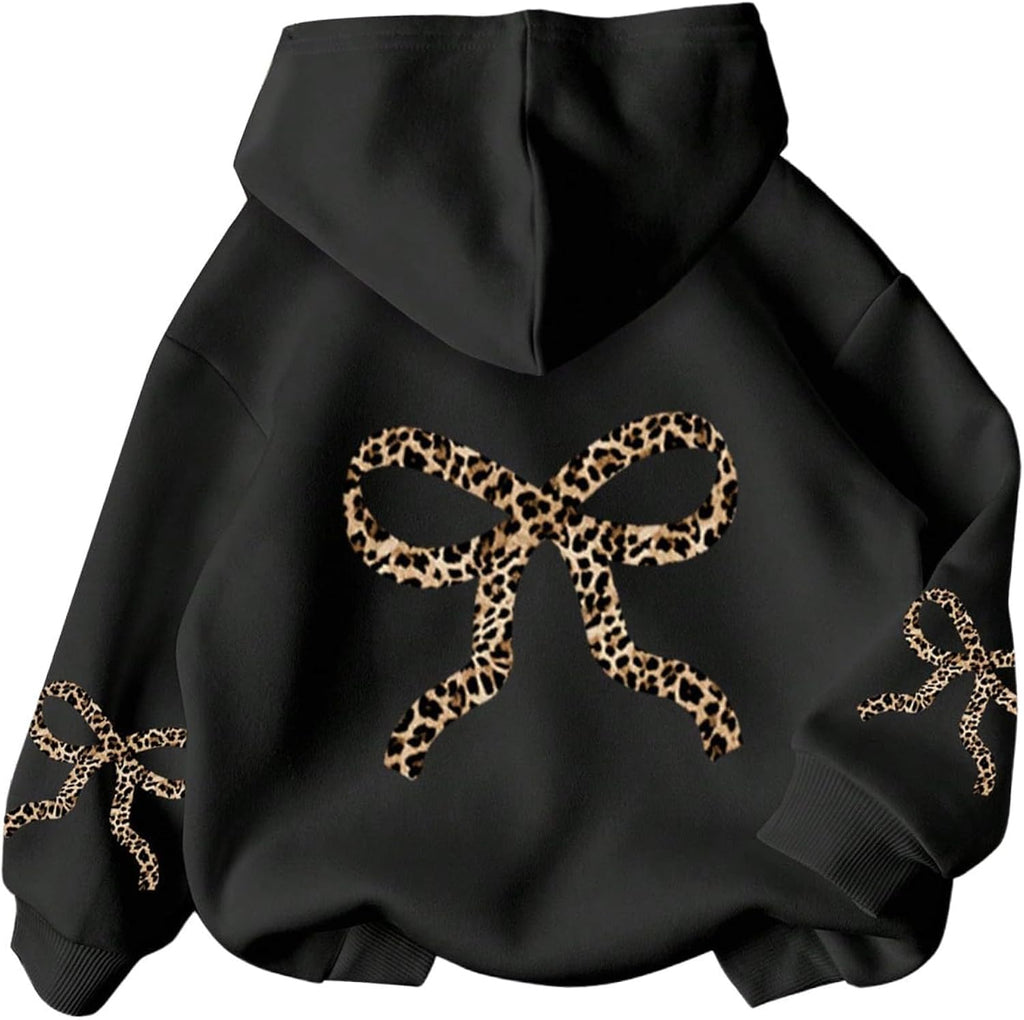 Girl's Bow Cheetah Leopard Hoodies Long Sleeve Pullover Tops Preppy Cute Sweatshirts Hoodies
