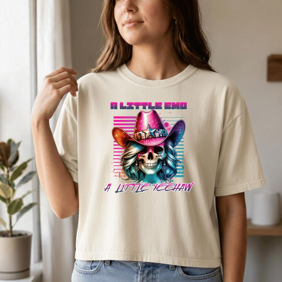 Neon Cowgirl Skull Cowboy Hat Design Women's Boxy Tee