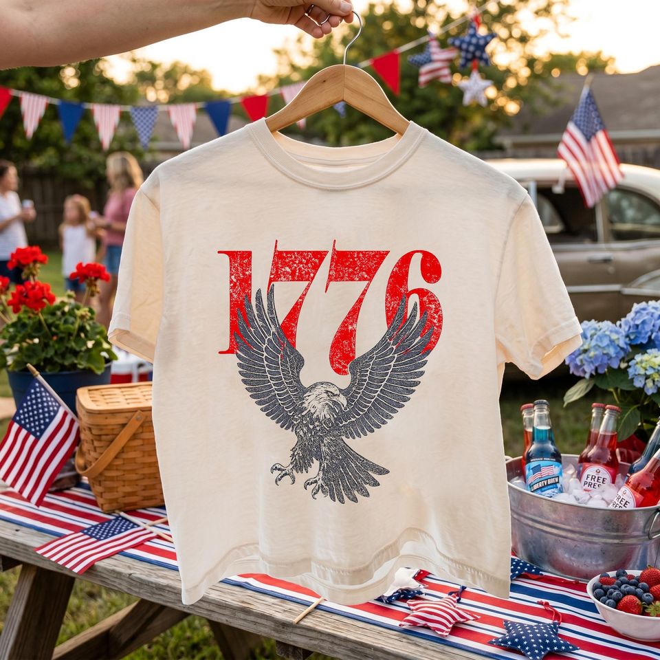 1776 Bald Eagle USA Boxy Tee, 4 of July Preppy y2k Aesthetic Top