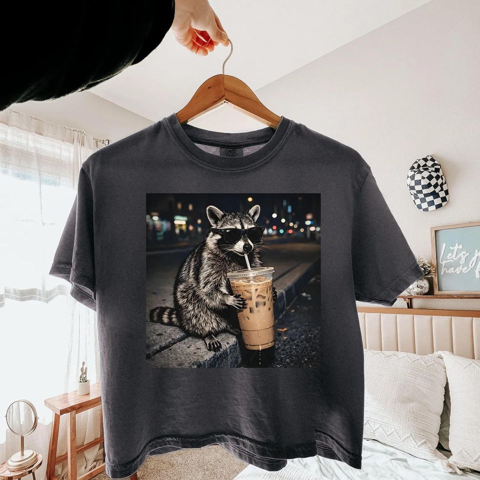 Raccoon Drinking Iced Coffee Boxy Tee