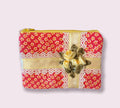 Red and yellow zippered pouch with silk ribbon roses, lace, fully lined, perfect size!