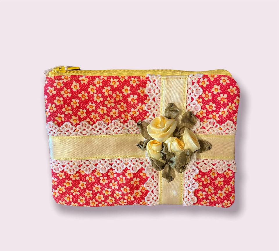 Red and yellow zippered pouch with silk ribbon roses, lace, fully lined, perfect size!