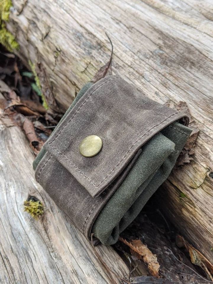 Handmade Waxed Canvas Foraging Pouch: Bushcraft Belt Bag Brown and Green