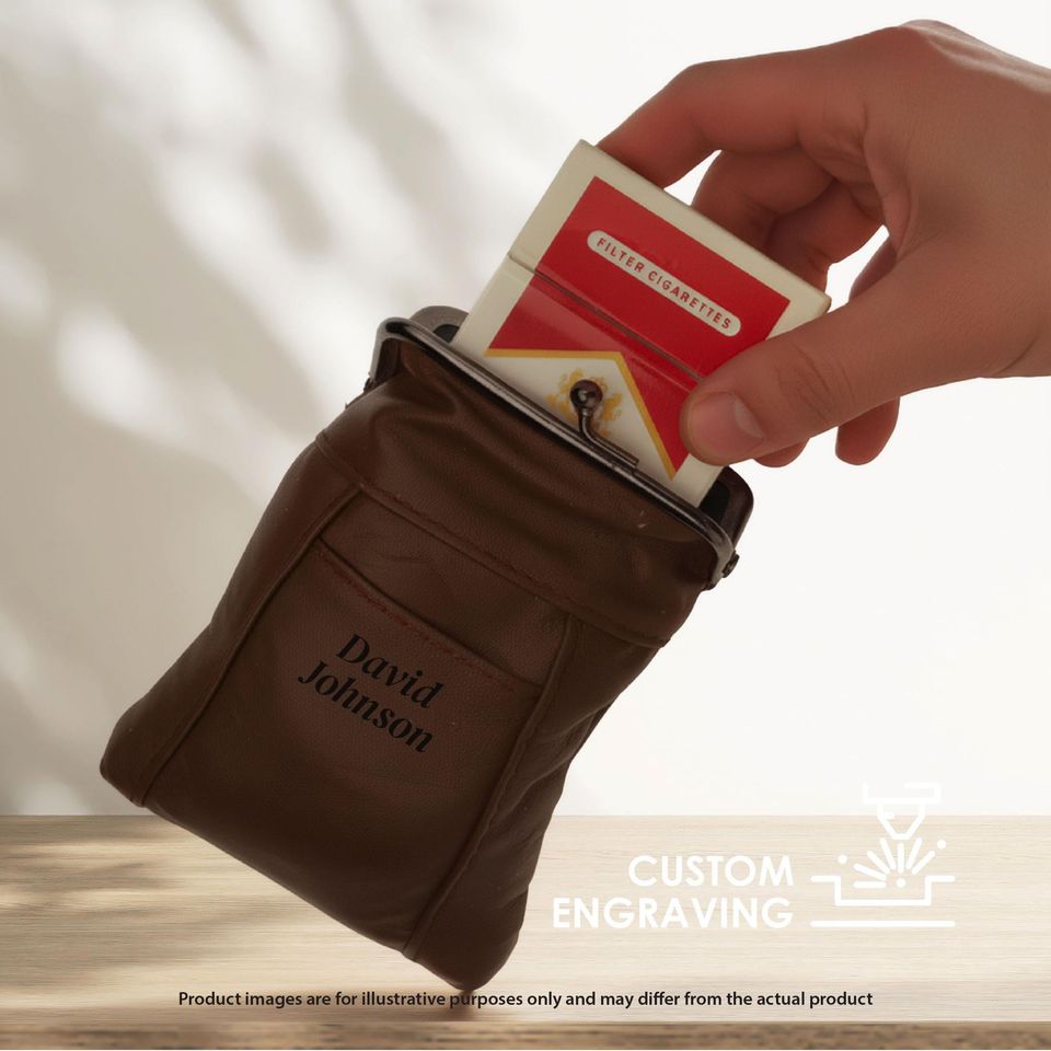 Personalized Cowhide Leather Cigarette Pouch with Small Lighter Pocket-Custom Engraving