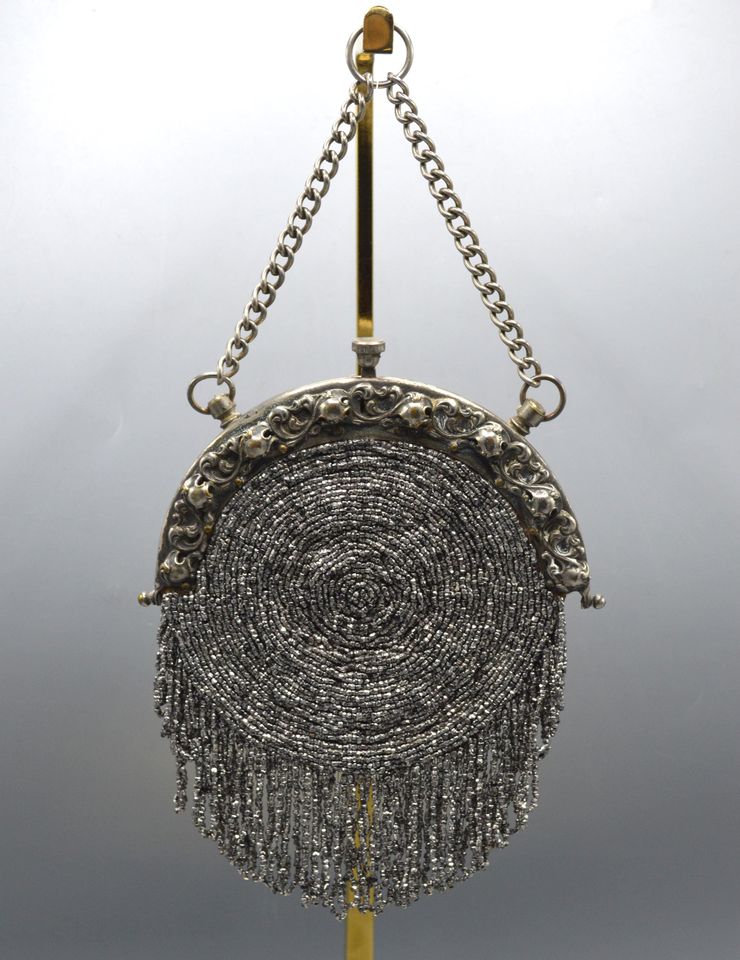 Antique Circular Chatelaine Bag w/Fringe Silver Beads and Leather