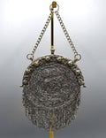 Antique Circular Chatelaine Bag w/Fringe Silver Beads and Leather