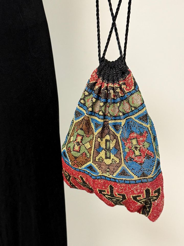 Antique beaded purse, beaded drawstring pouch, Art Nouveau Micro beaded bag, geometric pattern evening bag