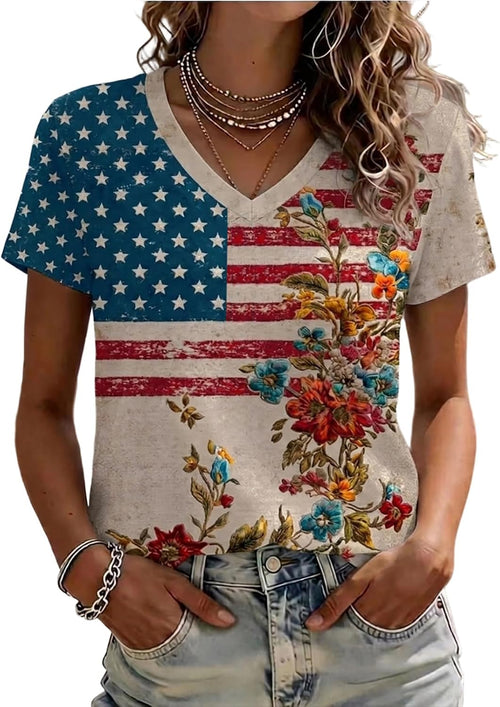 250th Anniversary USA V-Neck T-Shirt Women All Over Print Patriotic Tee 4th of July Casual Shirt Tops