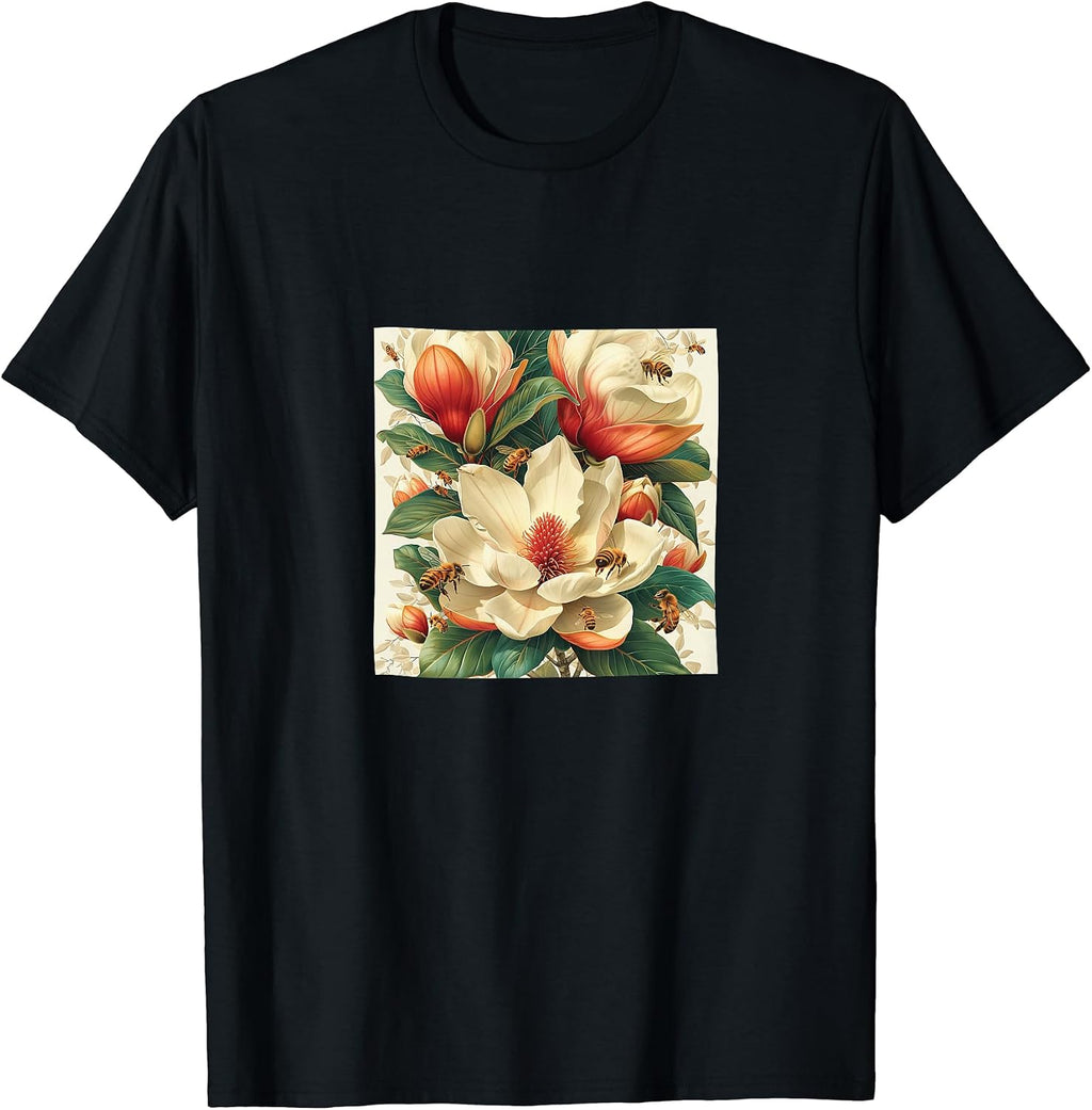 Magnolia Flower Blooming With Bees Around Merch