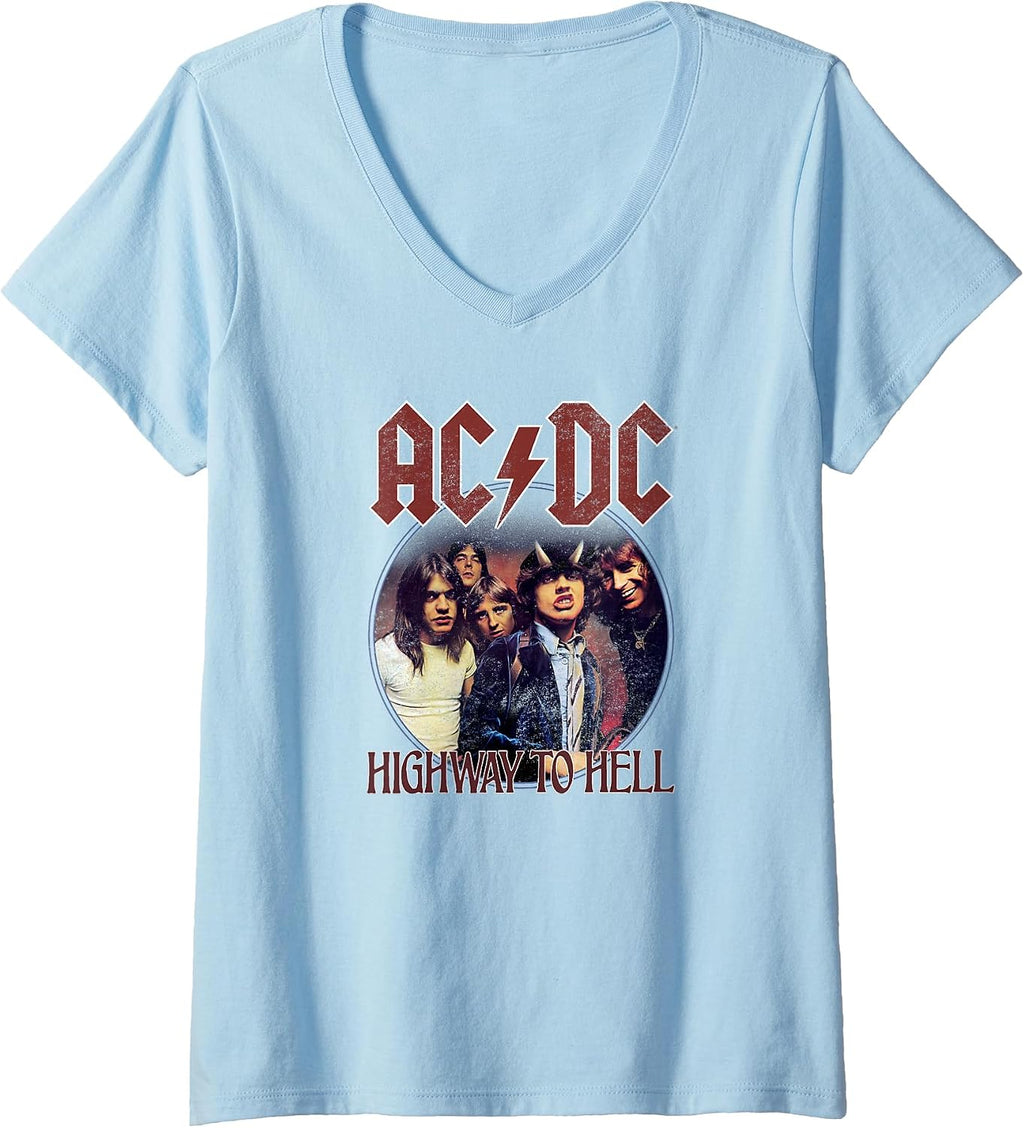 Womens Official AC/DC Rock Music Highway to Hell Circle Band Logo V-Neck T-Shirt