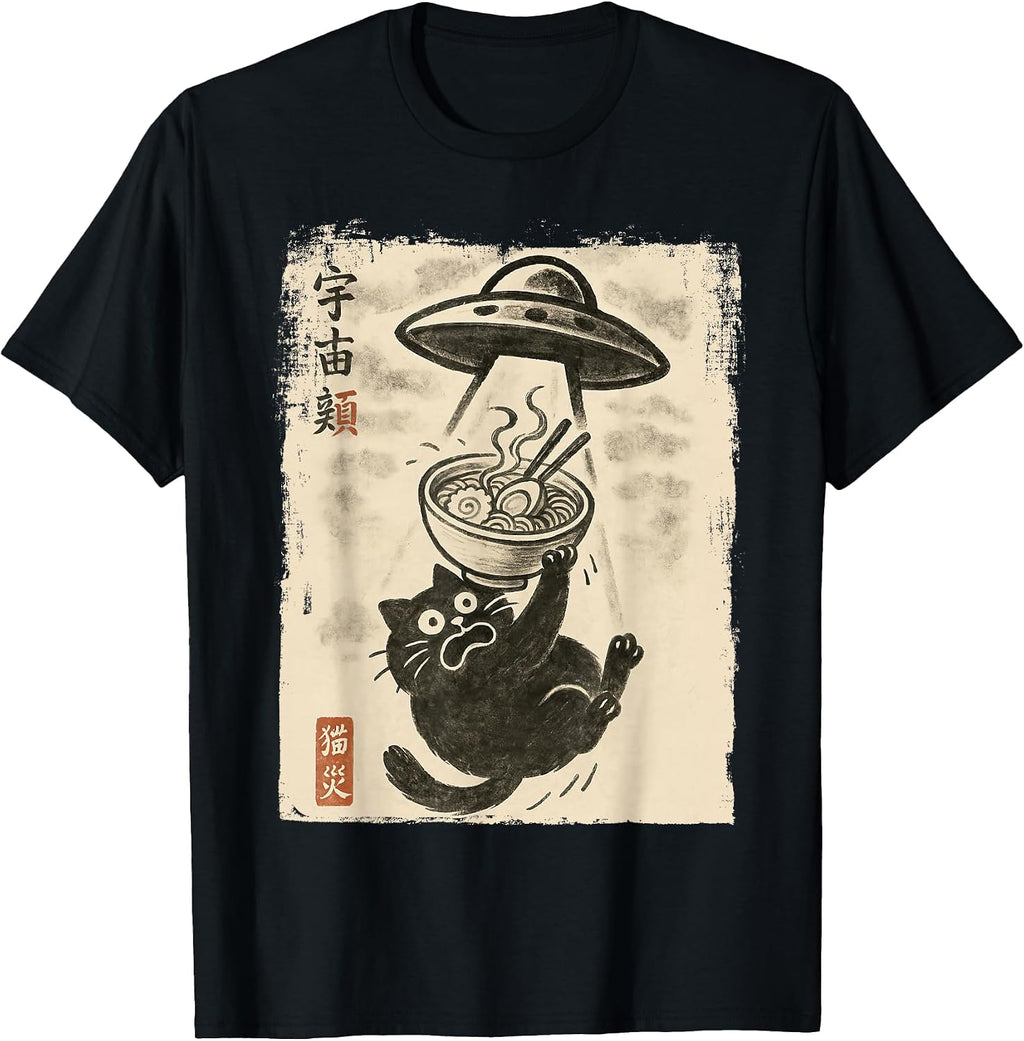 Ramen Cat Alien UFO Funny Kawaii Graphic Tees