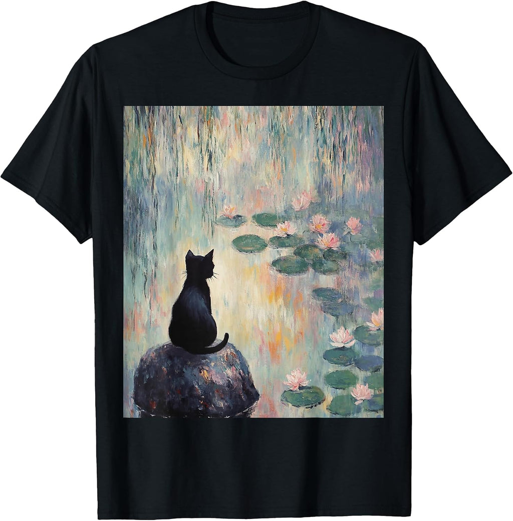 Monet Black Cat Water Lilies Art Cat Lover T-Shirt