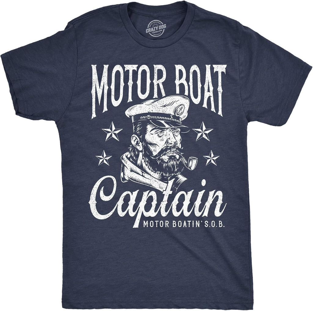 Mens Funny T Shirts Motor Boat Captain Sarcastic Sailor Graphic Novelty Tee for Men