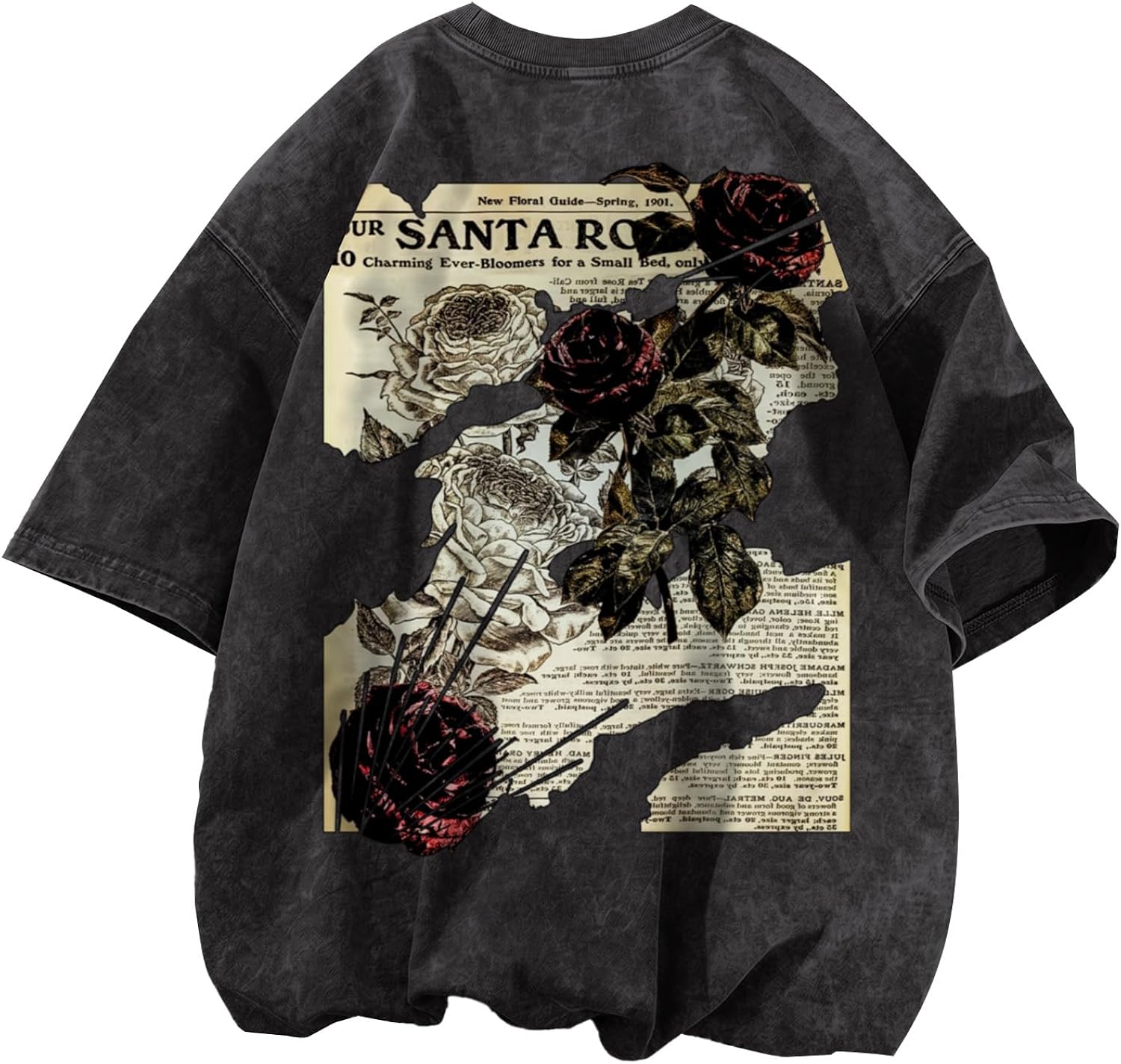 Mens Acid Wash Tshirt Oversized Vintage Graphic T-Shirts Cool Grunge Rose Floral Shirt Trendy Y2K Streetwear Tee Tops