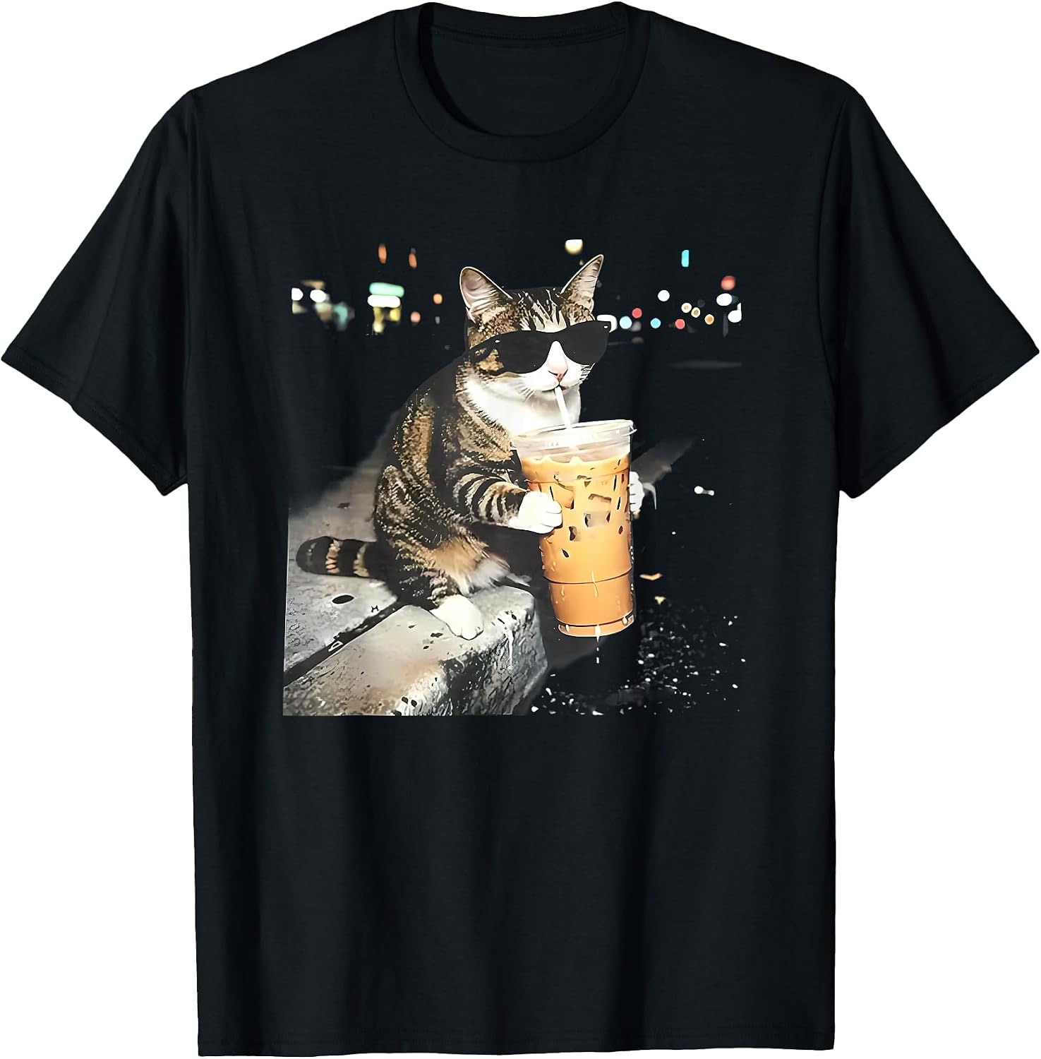 funny cat drinking iced coffee t-shirt