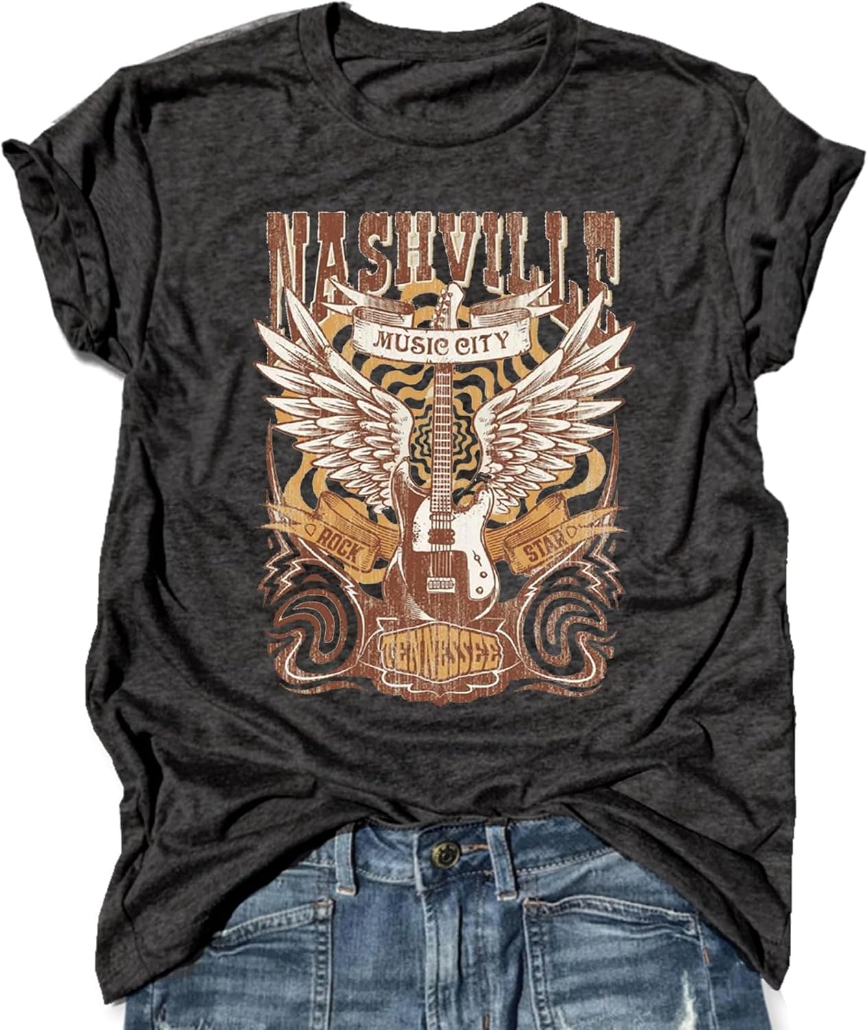 Women's Graphic T-Shirts Vintage Floral Shirt Women Boho Flowers Tees Nashville Music City Tshirt Short Sleeve T Shirt