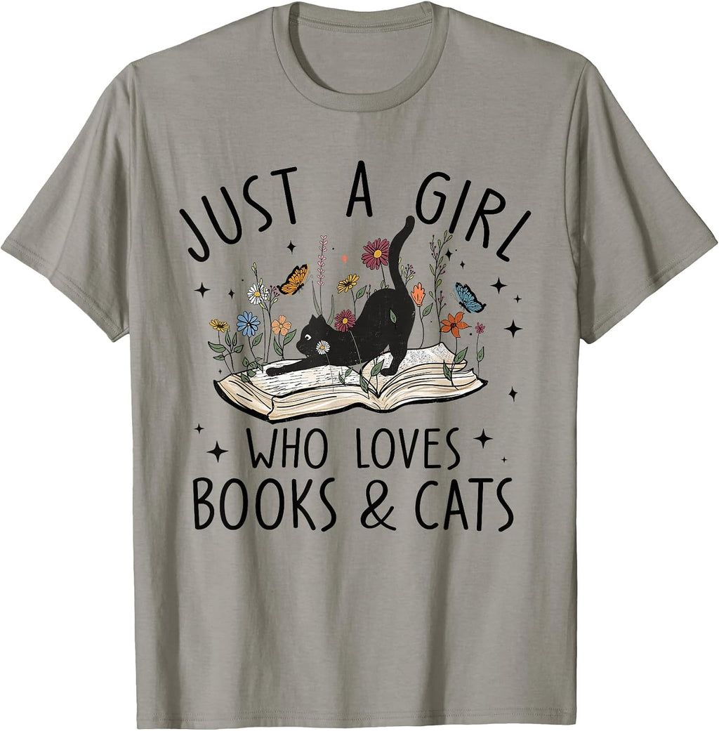 just A Girl Who Loves Cats and Books Reading Bookworm Girls T-Shirt