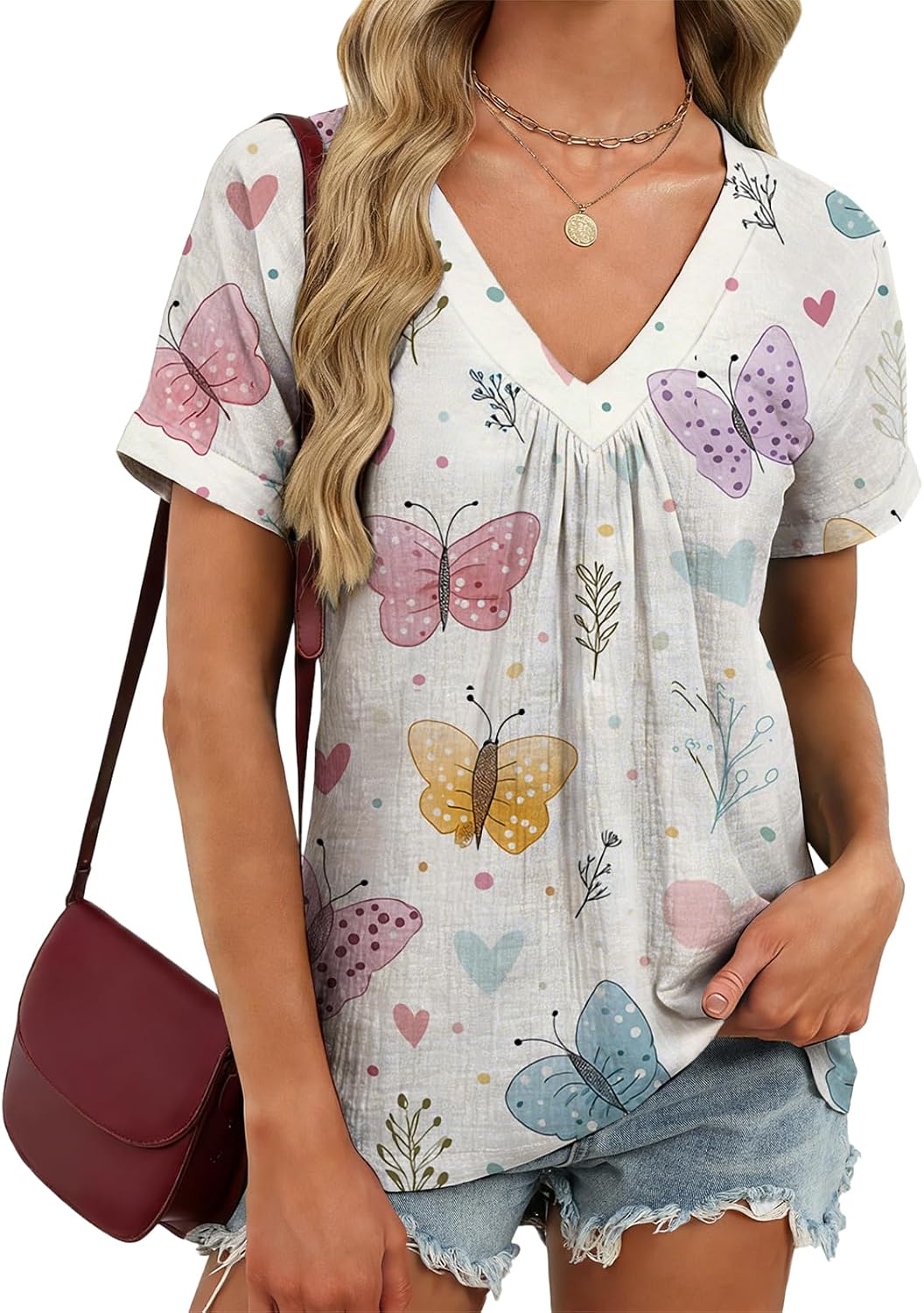 Womens Summer Tops Vintage Print V Neck Short Sleeve Soft Soft Fabric Pleated Casual Blouses for Outdoor