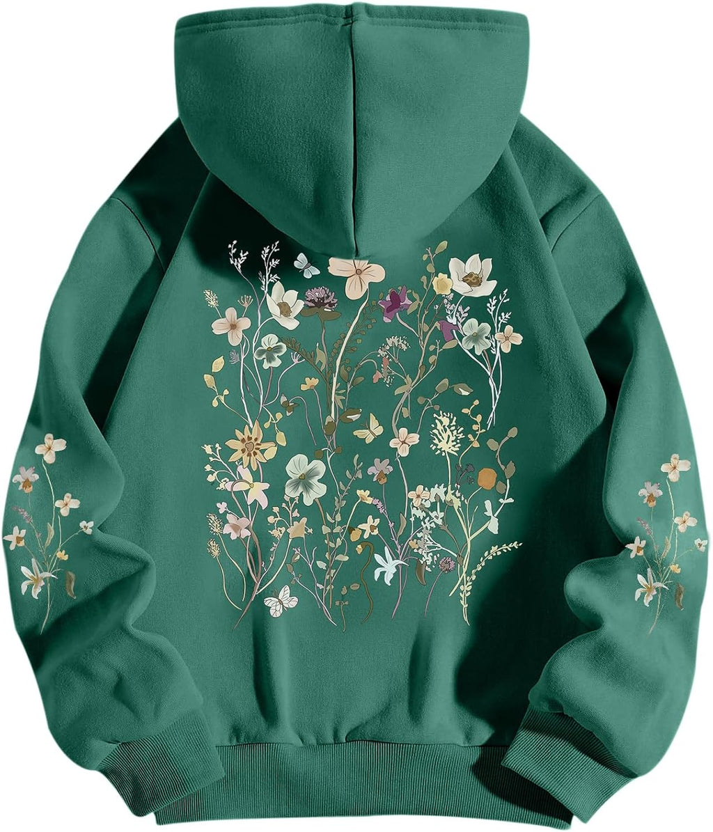 Women's Floral Printed Hoodies Vintage Aesthetic Flower Graphic Sweatshirt Cute Boho Fleece Thermal Hoodie Pullover