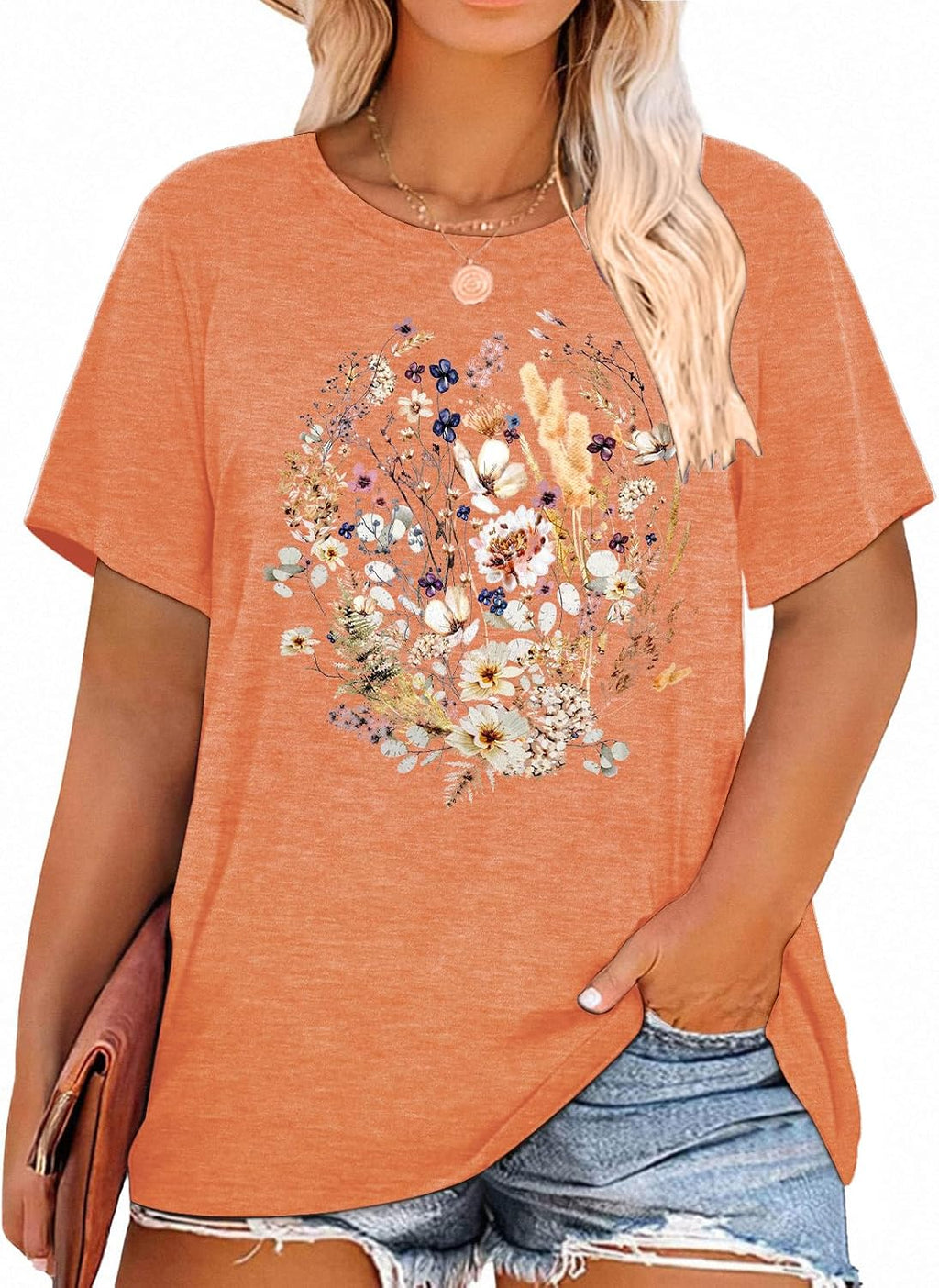 Womens Plus Size Tops Short Sleeve Casual T-Shirt Kindness Flowers Print Pullover Tunic 1X-5X