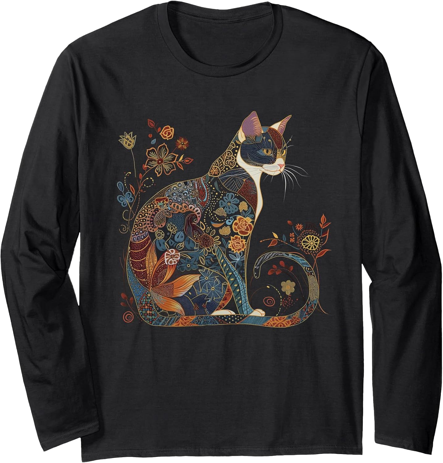 Cat Colorful Floral Patterns Vintage Flowers Art Cat Lover Long Sleeve T-Shirt