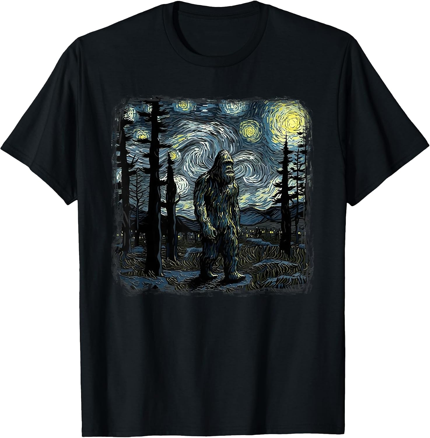 Bigfoot Starry Night Sasquatch Van Gogh Sky Painting Art T-Shirt