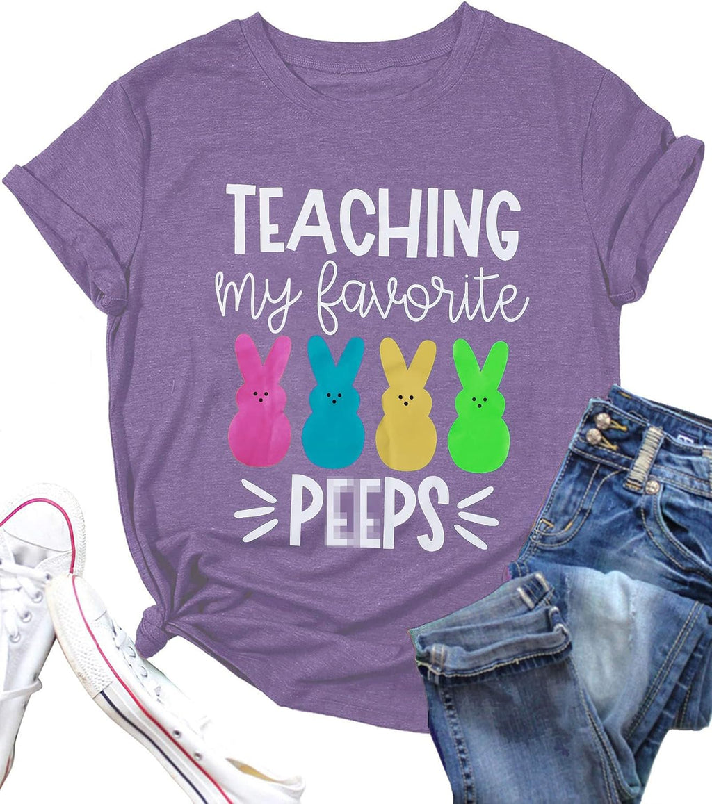 Teaching My Favorite Peep Shirt for Women Easter Teacher T-Shirt Funny Bunny Graphic Tee Top