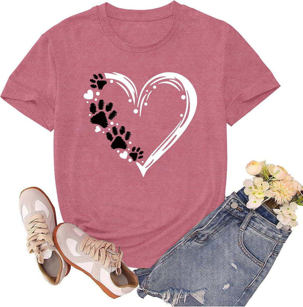 Dog Mom Shirts for Women Dog Lover Tshirts Cute Paw Love Heart Print Tee Tops