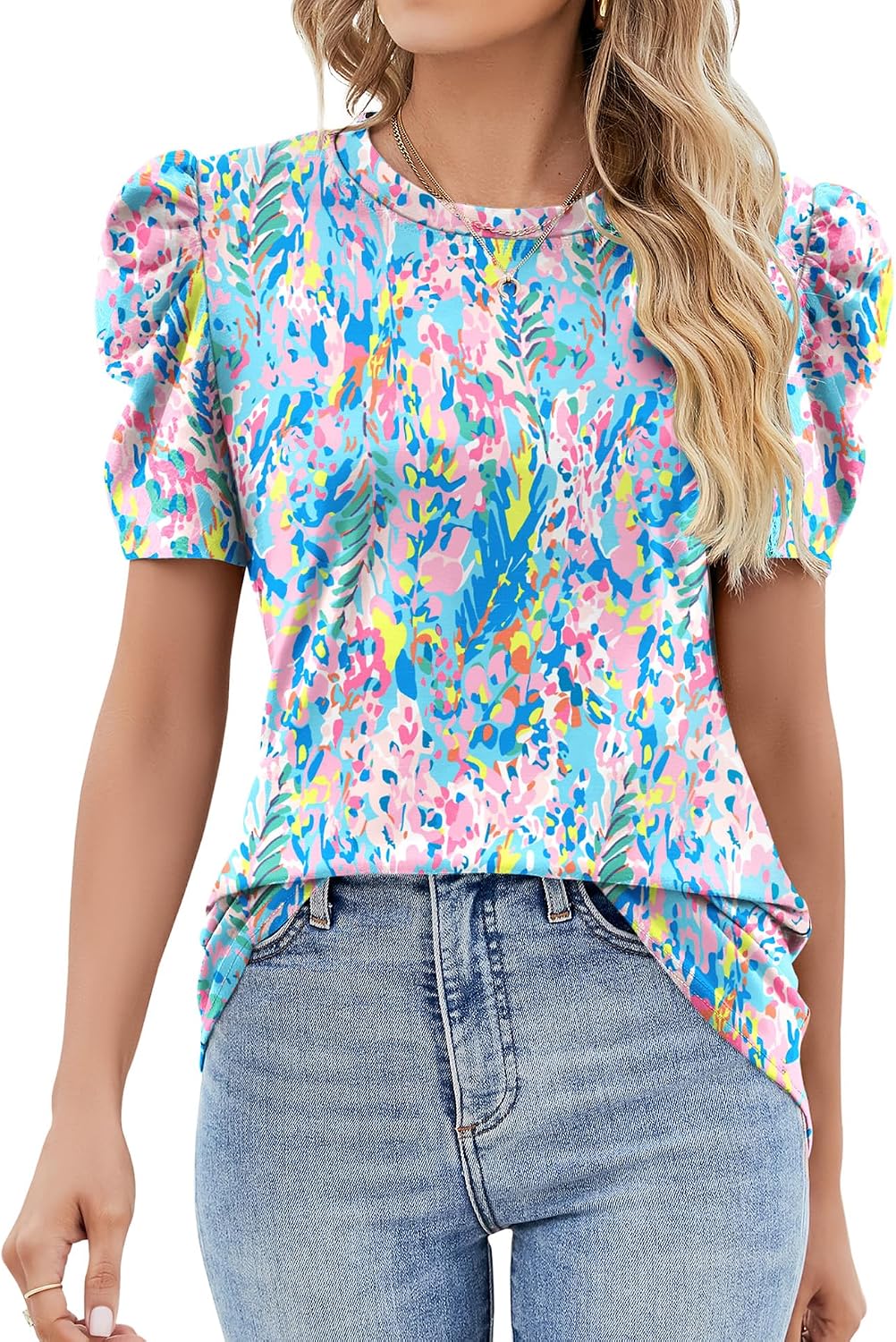 Puff Short Sleeve Shirt for Women Eyelet Tops Summer Crewneck Blouse Loose Fit S-XXL