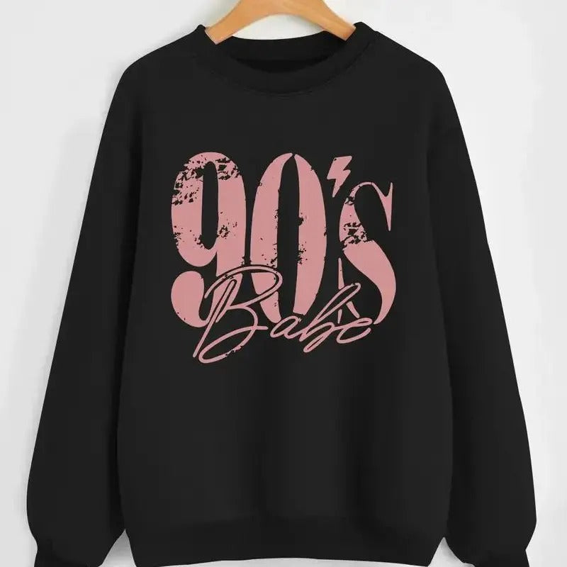 90's Babe Print Pullover Sweatshirt, Casual Long Sleeve Crew Neck Sweatshirt For Fall & Winter, Women's Clothing...