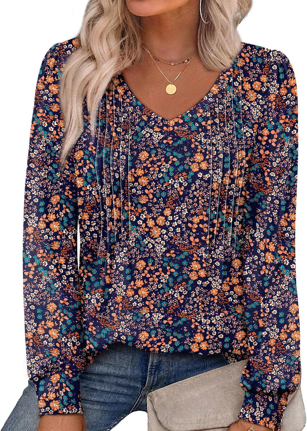 Womens Long Sleeve Shirts Pleated V Neck Curved Hem Fall Winter Tunic Tops Blouses Print