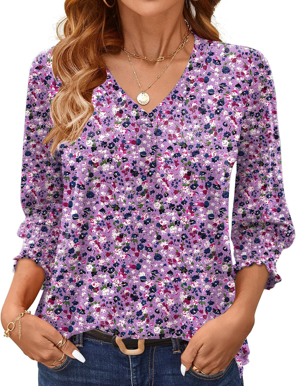 3/4 Length Sleeve Womens Tops Summer Fashion V Neck Business Casual Blouses Smocked Shirts
