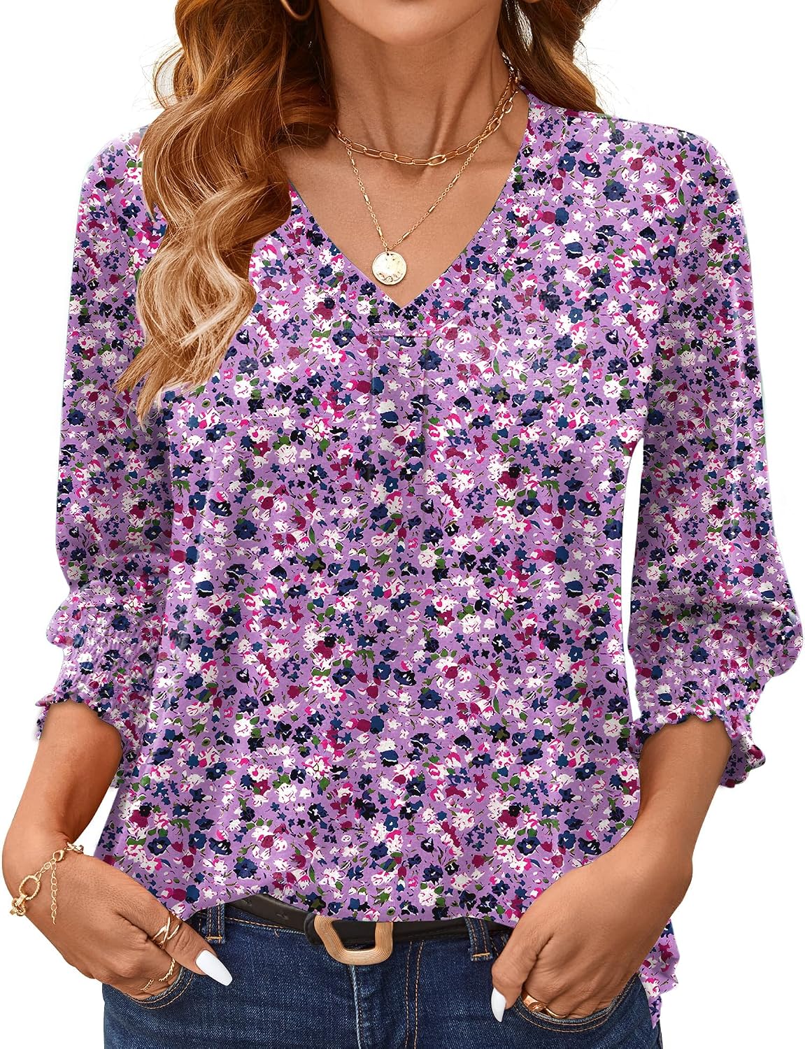 3/4 Length Sleeve Womens Tops Summer Fashion V Neck Business Casual Blouses Smocked Shirts