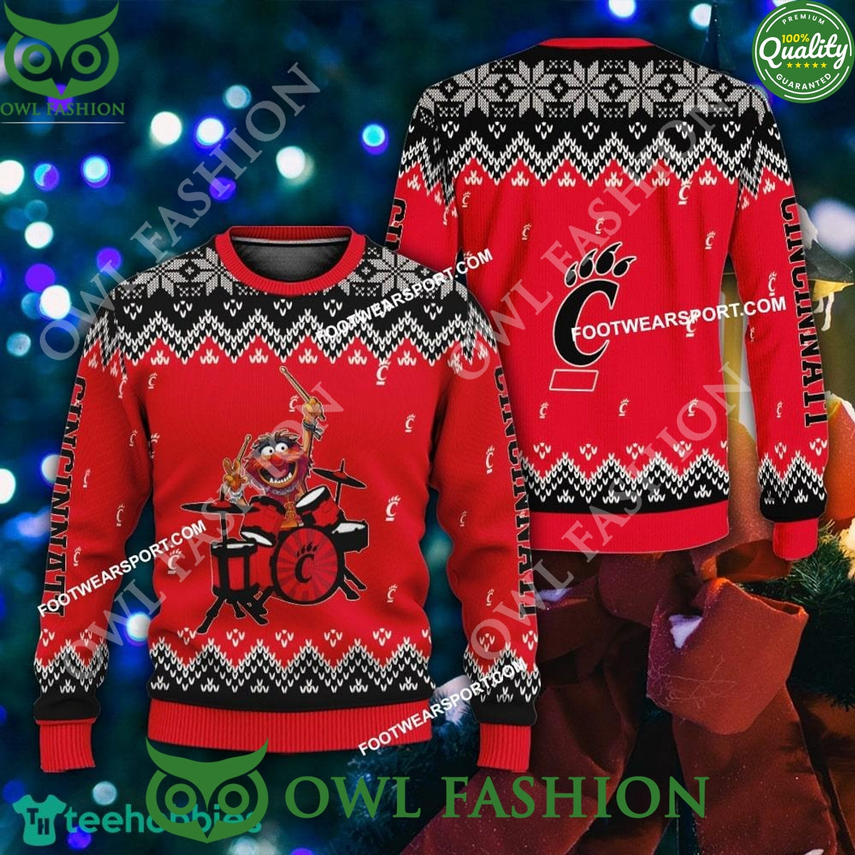 Logo Pattern Muppets Play Drums Cincinnati Bearcats Ugly Sweater Xmas
