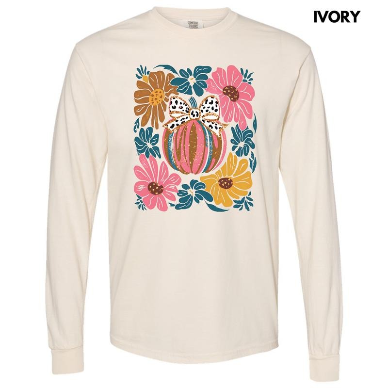 Abstract Flowers & Pumpkin Long Sleeve Comfort Colors T-Shirt 'NLB' Hoodie, Sweatshirt | RetroVerseTees.com