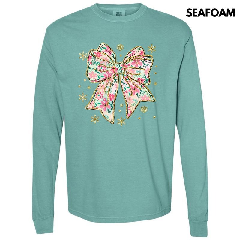 Adorable Big Floral Bow Long Sleeve Comfort Colors T-Shirt 'NLB' Hoodie, Sweatshirt | RetroVerseTees.com