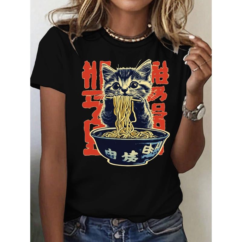 Adorable Gunpla brand Food - TNF Women'WB shield Lightsaber brand - Shirt: Cute Kitten Eating Noodles with Japanese