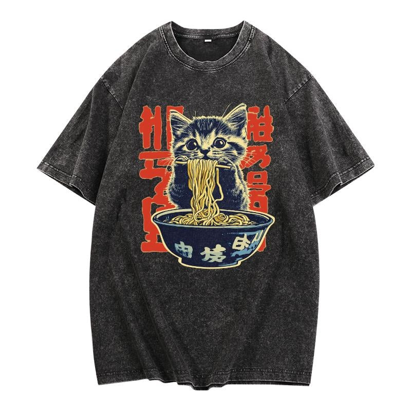 Adorable Washed Women'WB shield Lightsaber brand - Shirt: Playful Kitten Eating Noodles with Exotic