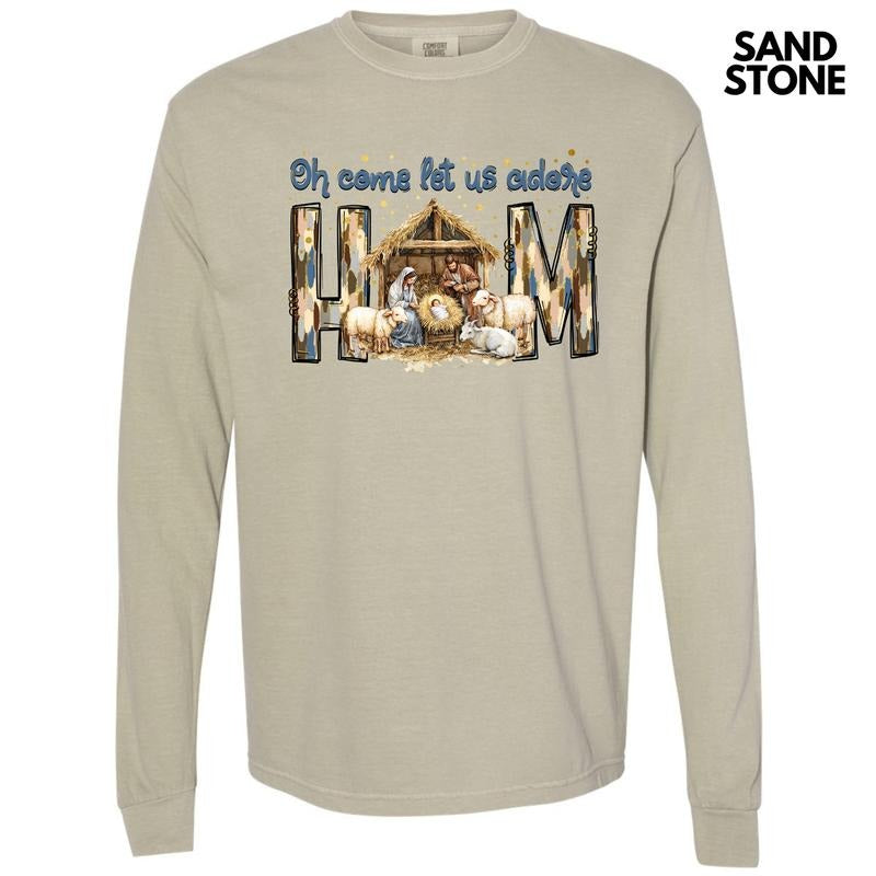 Adore Him Nativity Scene Long Sleeve Comfort Colors T-Shirt 'NLB' Hoodie, Sweatshirt | RetroVerseTees.com