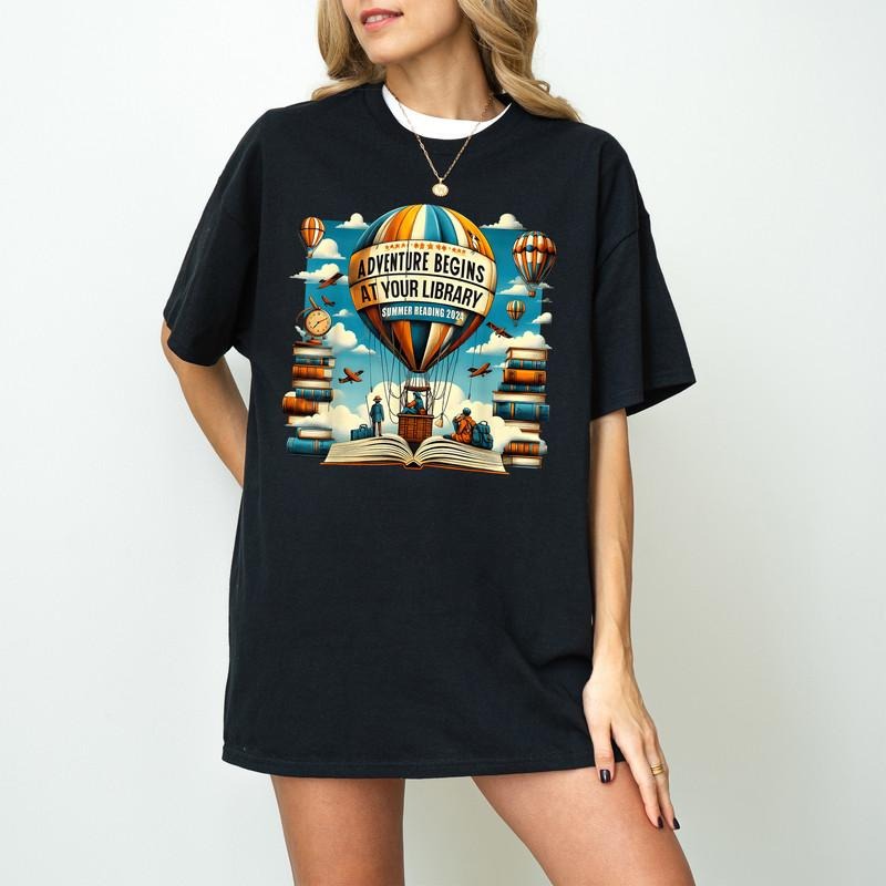 Adventure Begins At Your Library Summer Reading Hot Balloon Shirt, Funny Unisex Tee Hoodie, Sweatshirt | RetroVerseTees.com