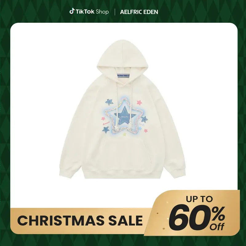 Aelfric Eden Womens Oversized Hoodies Star Graphic Fleece Hooded Streetwear Unisex Sweatshirts Pullover with Pocket T-Shirts