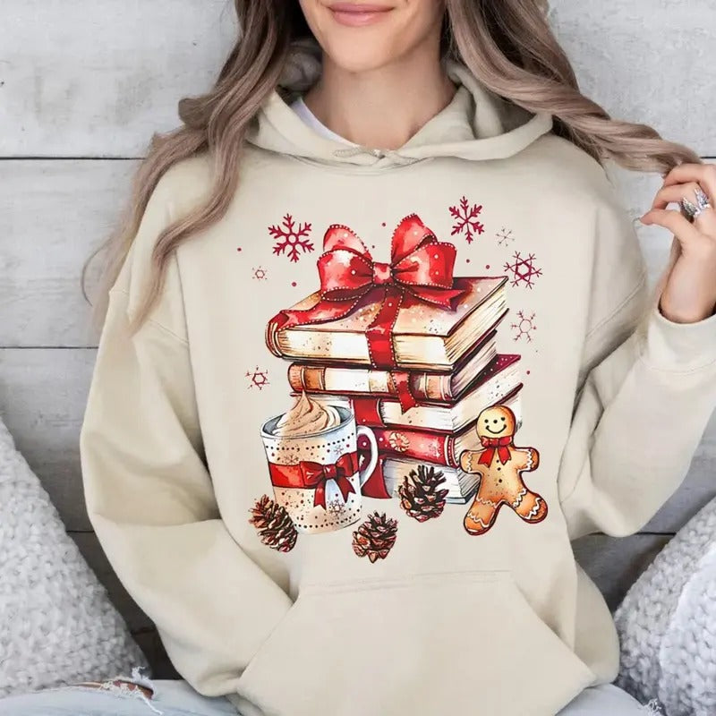 All Booked For Christmas Sweatshirt, Coquette Christmas Books Hoodie, Book Lovers, Christmas Teacher, Librarian Gift,...