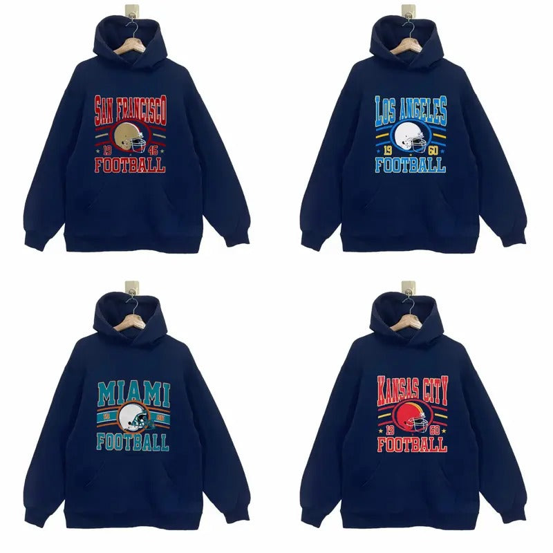 All Football Teams Vintage Style Hoodie - Classic Fit, Navy Color Hoodie T-Shirts, Sweatshirt | RetroVerseTees.com