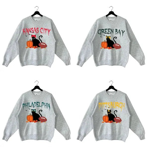 All Team Football Halloween Sweatshirt, Black Cat Football Sweatshirt, Sunday Football Crewneck Sweatshirt T-Shirts, Hoodie
