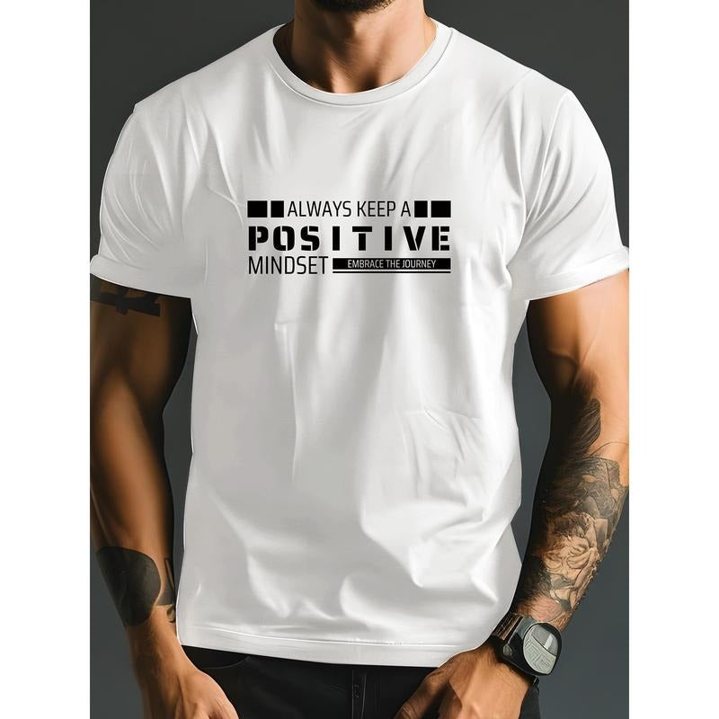 "Always Stay Positive" Lettering Printed Men'WB shield Short Sleeve Crew Neck T-Shirt - Breathable Slightly Stretch Summer Outdoor Activity T-Shirt