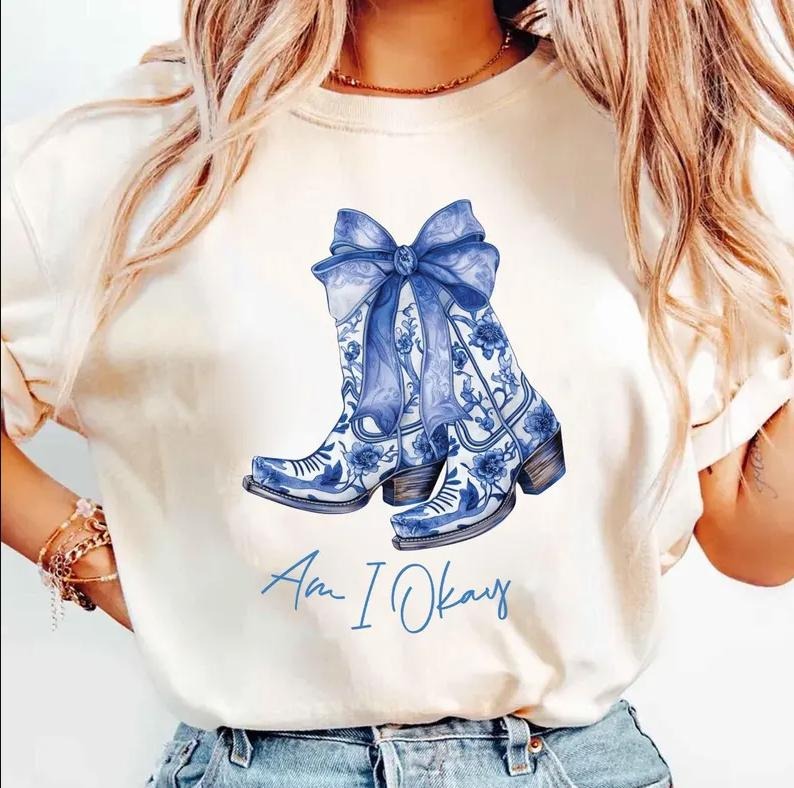 Am I Okay Cowgirlllll Coquette Bow Women Girl T-Shirt, Blue Boots Country Concert Shirt Hoodie, Sweatshirt