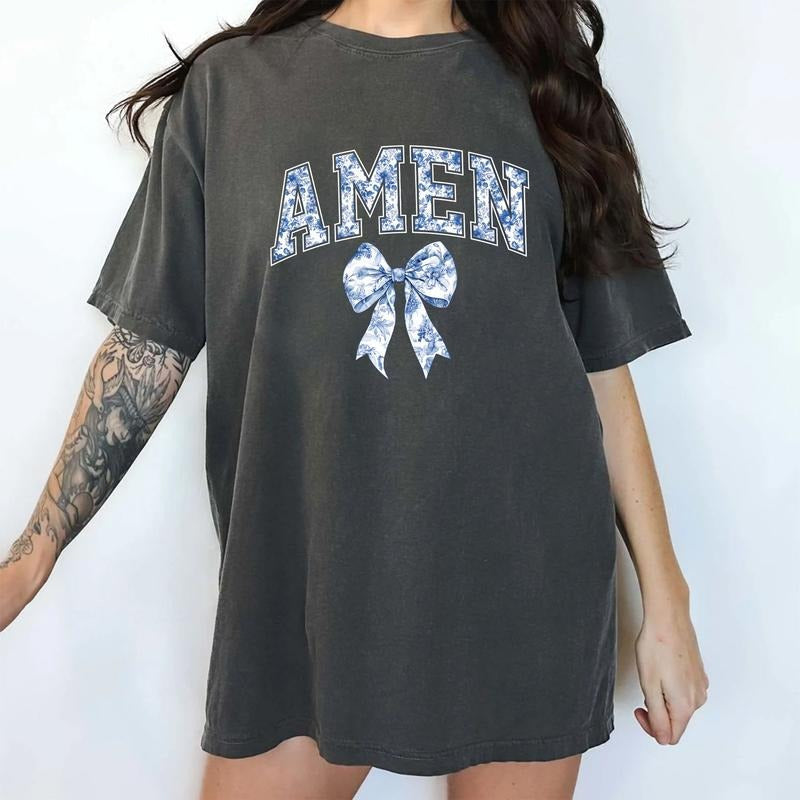 Amen Coquette Bow Comfort Colors Shirt, Coquette Religious T-shirt, Bible Verse Tee, Easter Women Clothing Hoodie, Sweatshirt