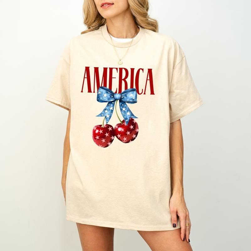 America Cherries T-shirt, Cherry Bow Shirt, Trendy July 4th PNG, 4th of july Woman Shirt, Usa Flag Shirt