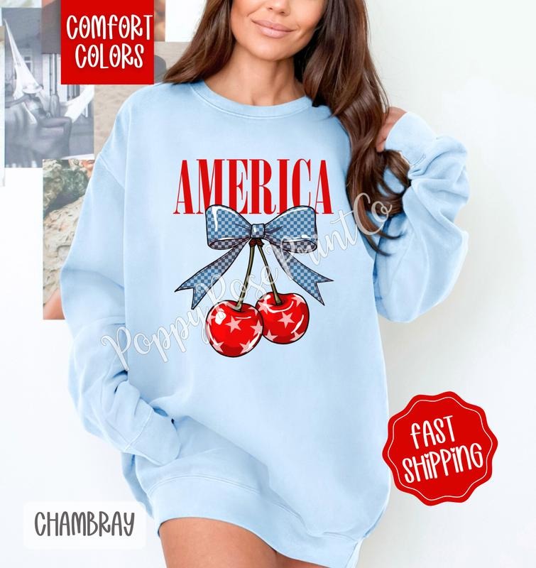 America Cherry Comfort Colors Sweatshirt, Fruit Summer Sweater, Cute Women's Crewneck T-Shirts, Hoodie | RetroVerseTees.com