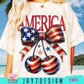 America Cherry Coquette Bow T-shirt, Trendy Girly 4th of July T-shirt, Retro Fourth of July Coquette America Cherries...